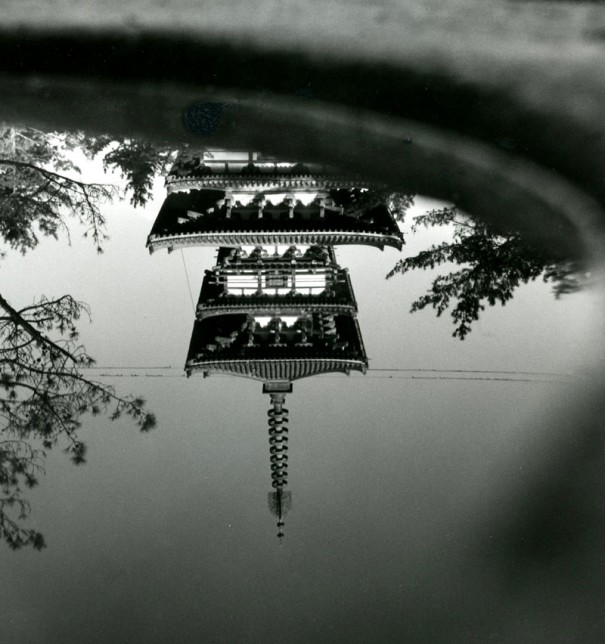 「水に映る薬師寺東塔」。この景観は旅行者の人気スポットだった。（1955年頃　＊）