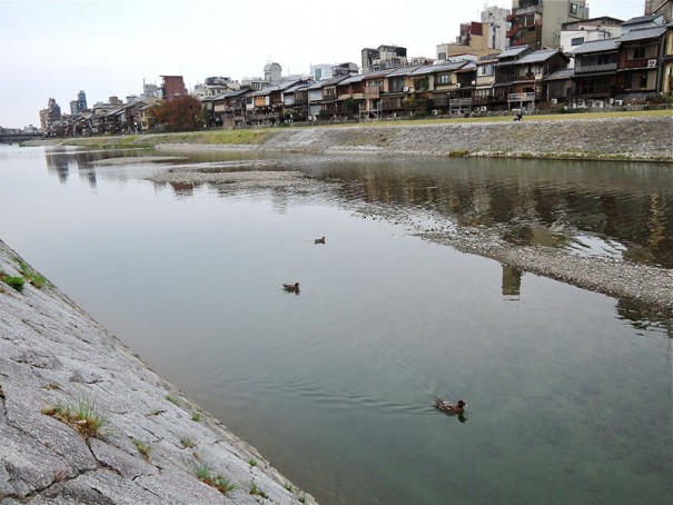 京都の鴨川沿いには、茶屋や料理店、旅宿などが並ぶ。夏場はこれらの建物から河原に向けて納涼床が張り出され、風物詩のようになっている。