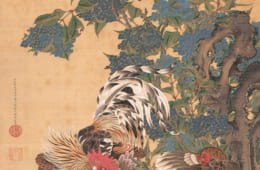 伊藤若冲 《紫陽花双鶏図》 絹本着色 一幅 139.4×85.1cm 米国・エツコ＆ジョー・プライスコレクション