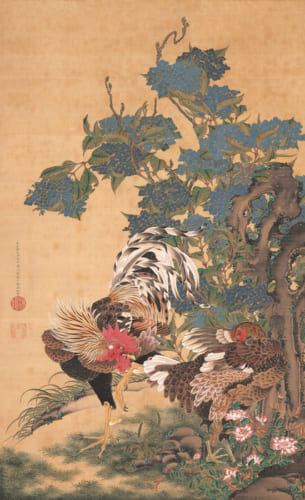 伊藤若冲 《紫陽花双鶏図》 絹本着色 一幅 139.4×85.1cm 米国・エツコ＆ジョー・プライスコレクション