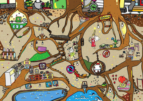 赤毛族が地下で暮らしている様子。木の根っこの合間で皆それぞれに楽しく過ごしている／illustration by U&S studio