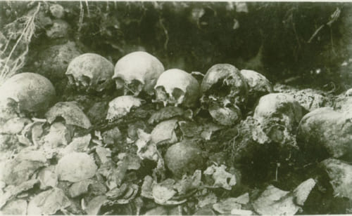 梁瀬八幡平首塚 昭和6年（1931）に偶然発見された群馬県安中市の150体もの頭骨が積まれていた。