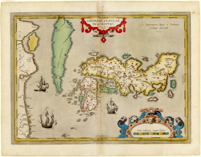「日本図」。1595年にヨーロッパで出版された、日本を単独で描いた最初の地図。イエズス会宣教師アレサンドロ・ヴァリニャーノが日本から持ち帰った地図をもとに制作されたと考えられています。